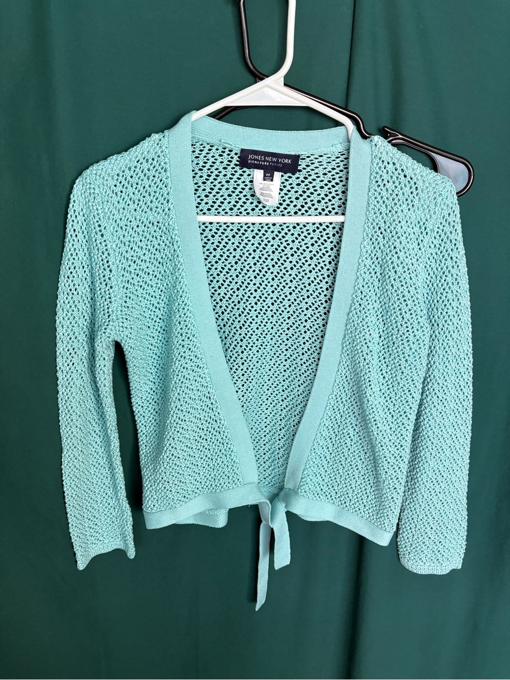 Jones New York aqua blue Open-Knit Tie-Front Sweater